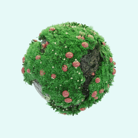 Standalone hero render of the moss-and-mushroom sphere, used across event advertisements.