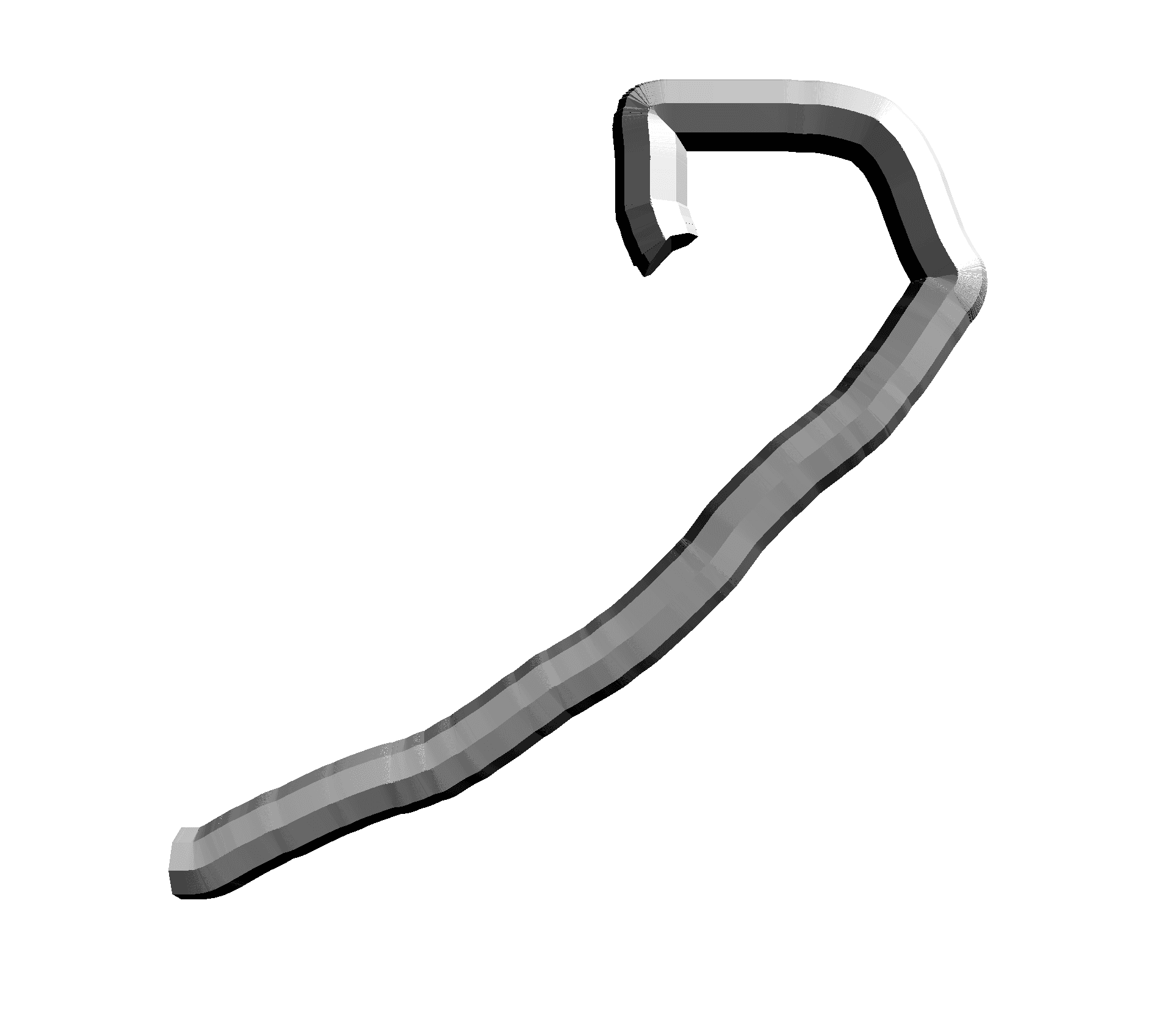 A single extruded hook-shaped tube rendered in flat matte grayscale, its cross-section bands visible in the shading, resembling a bent length of pipe.