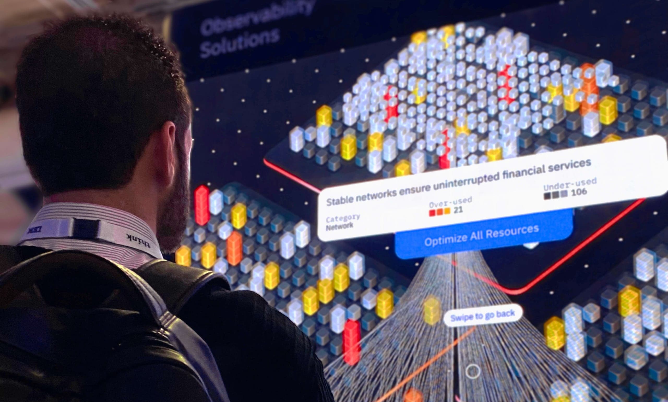 A visitor examines a resource-utilisation view labelled "Observability Solutions," reading over-used and under-used network categories against a cube-grid data field.