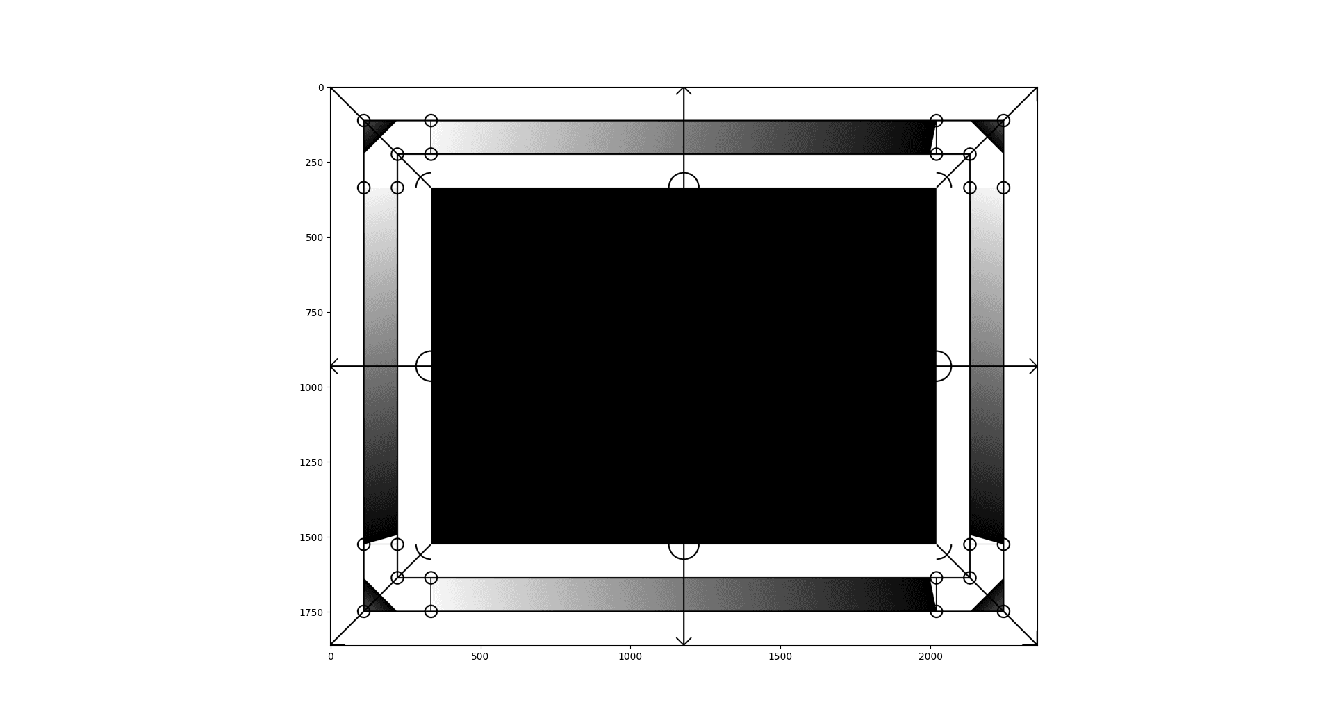 The same border filled with a smooth gradient running along each edge, from black at the outer corners to white toward the panel, the raw height data for the final mesh.
