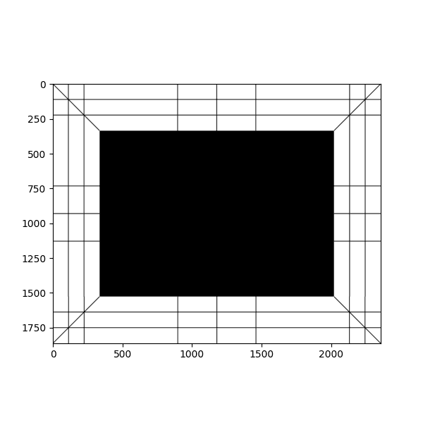 A measured picture-frame border diagram: a black central panel surrounded by construction lines, corner markers, and a ruled grid used to lay out the border geometry.