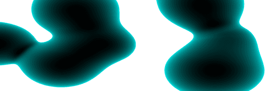 Two teal meta-blob renders from the SDF ray-marching shader, glowing against white.