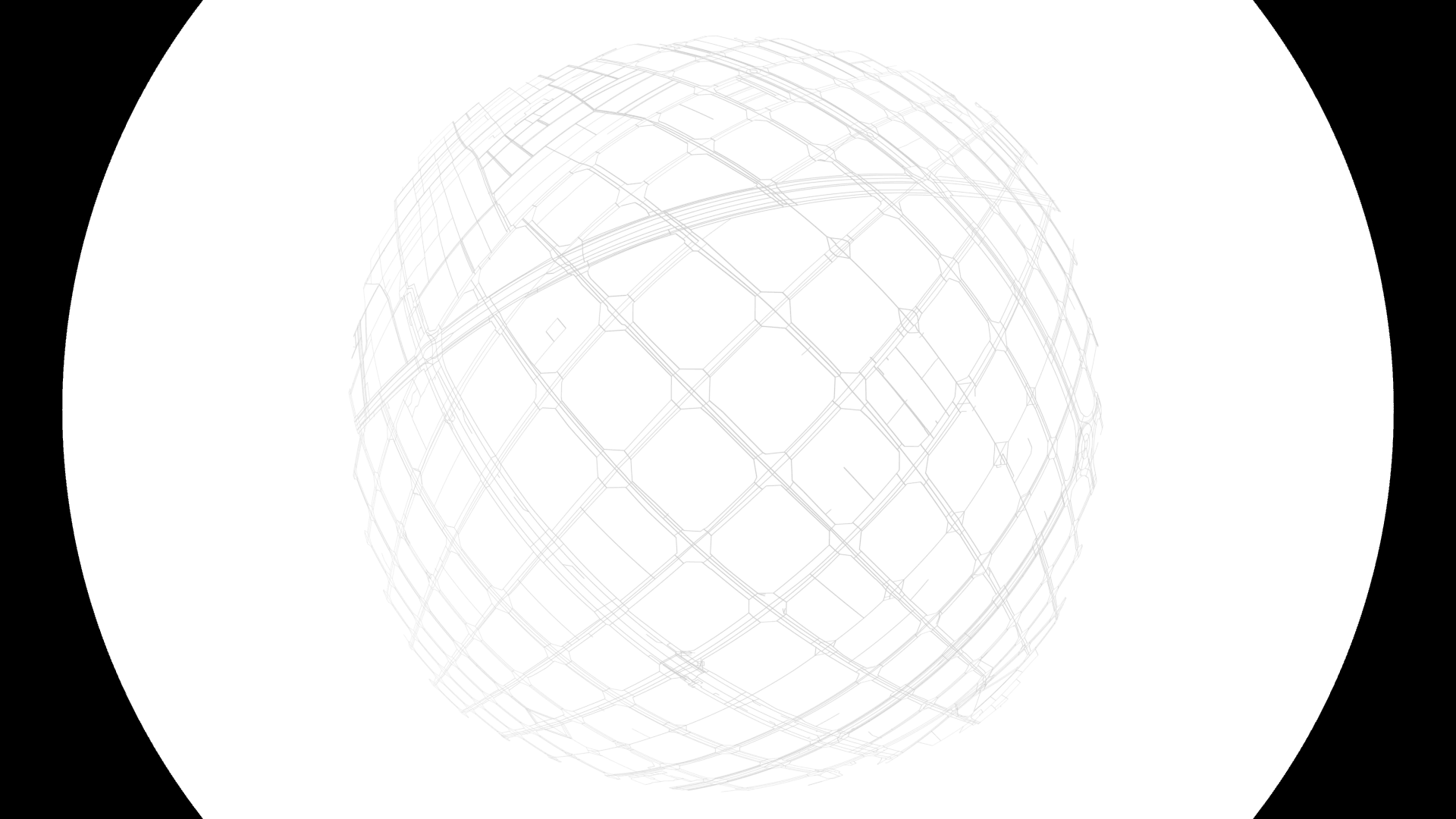 The lattice-woven street grid mapped onto the surface of a sphere, turning the flat map into a faceted, woven orb.