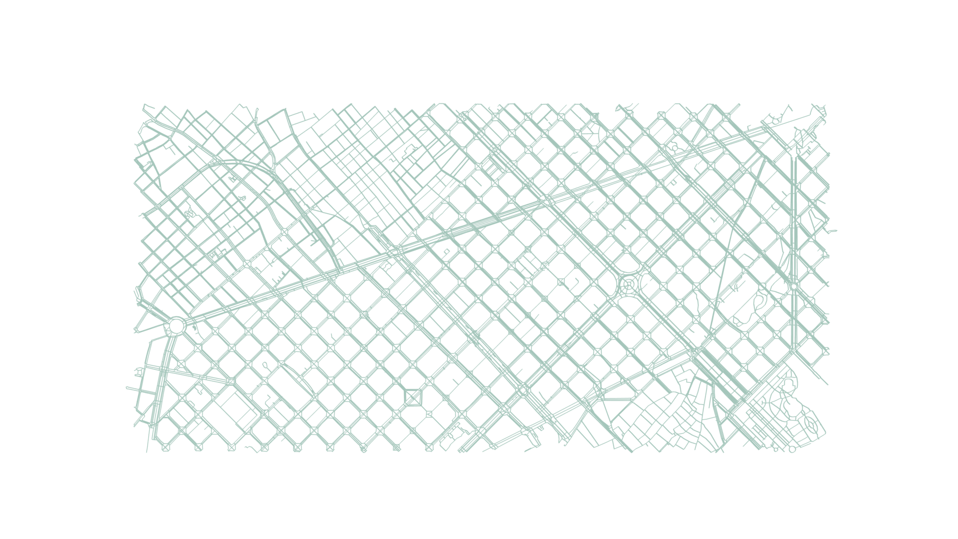 The same lattice-transformed street grid in a soft mint-green line weight against black, closer to a printed textile pattern than a technical map.