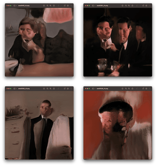 A 2x2 grid of GAN-generated Twin Peaks frames, recombining recurring compositions and palettes from the source footage.