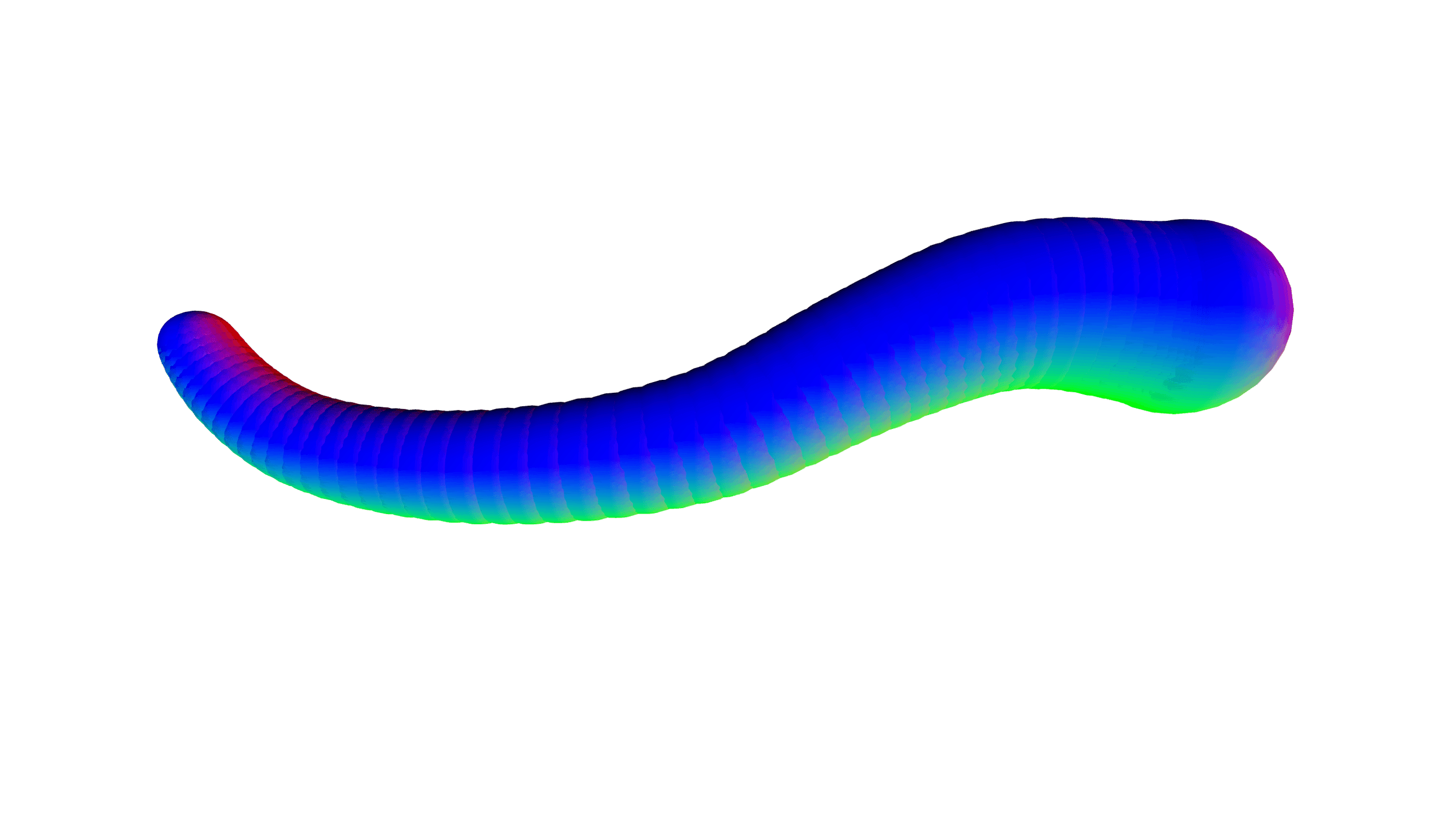 An S-curved blob-tube rendered with normal-map shading — blue along the body, green toward the underside, magenta highlights at both rounded tips — the piece's own title still.