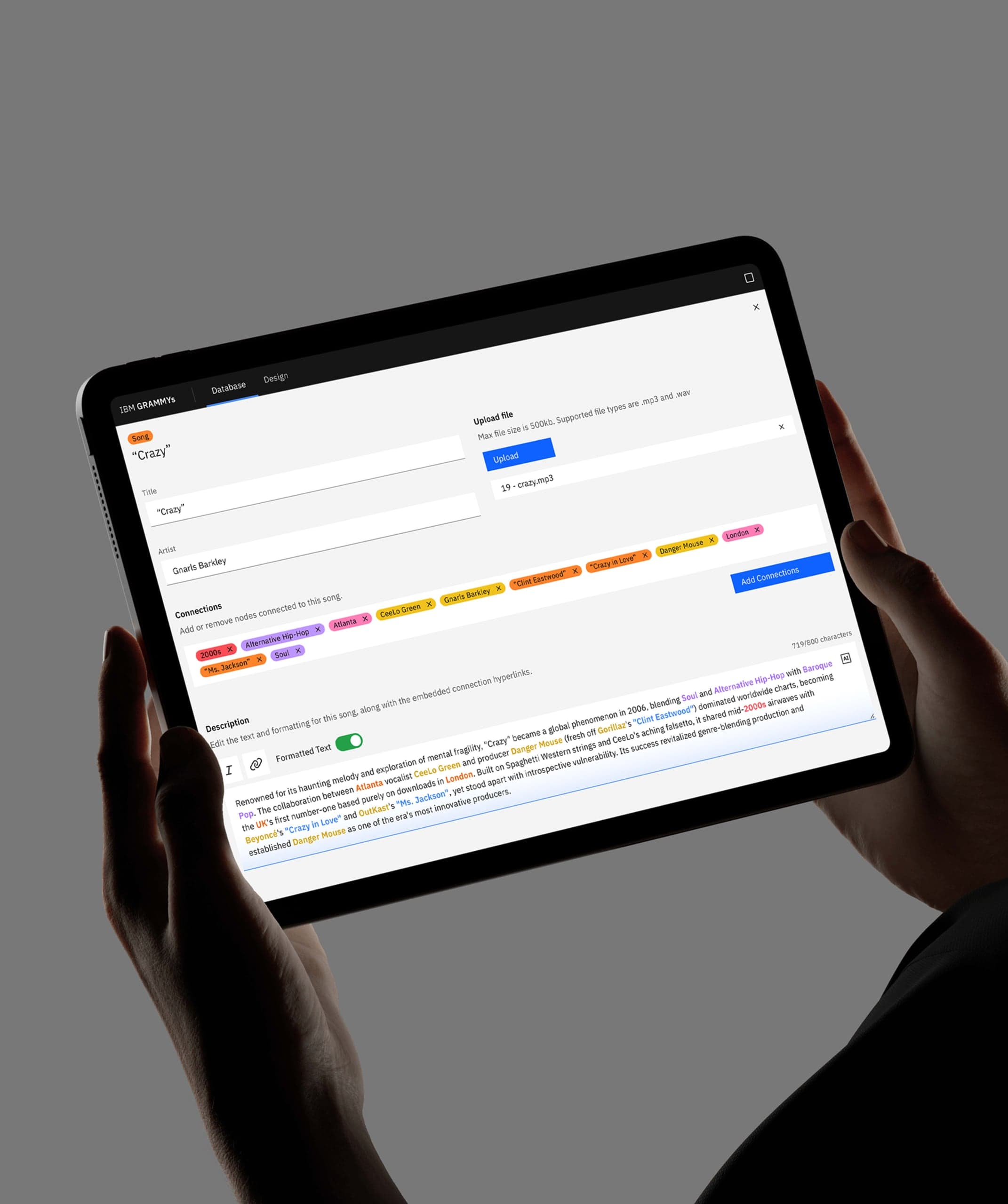 The curator-facing CMS, editing a song's connections and description before it goes live.