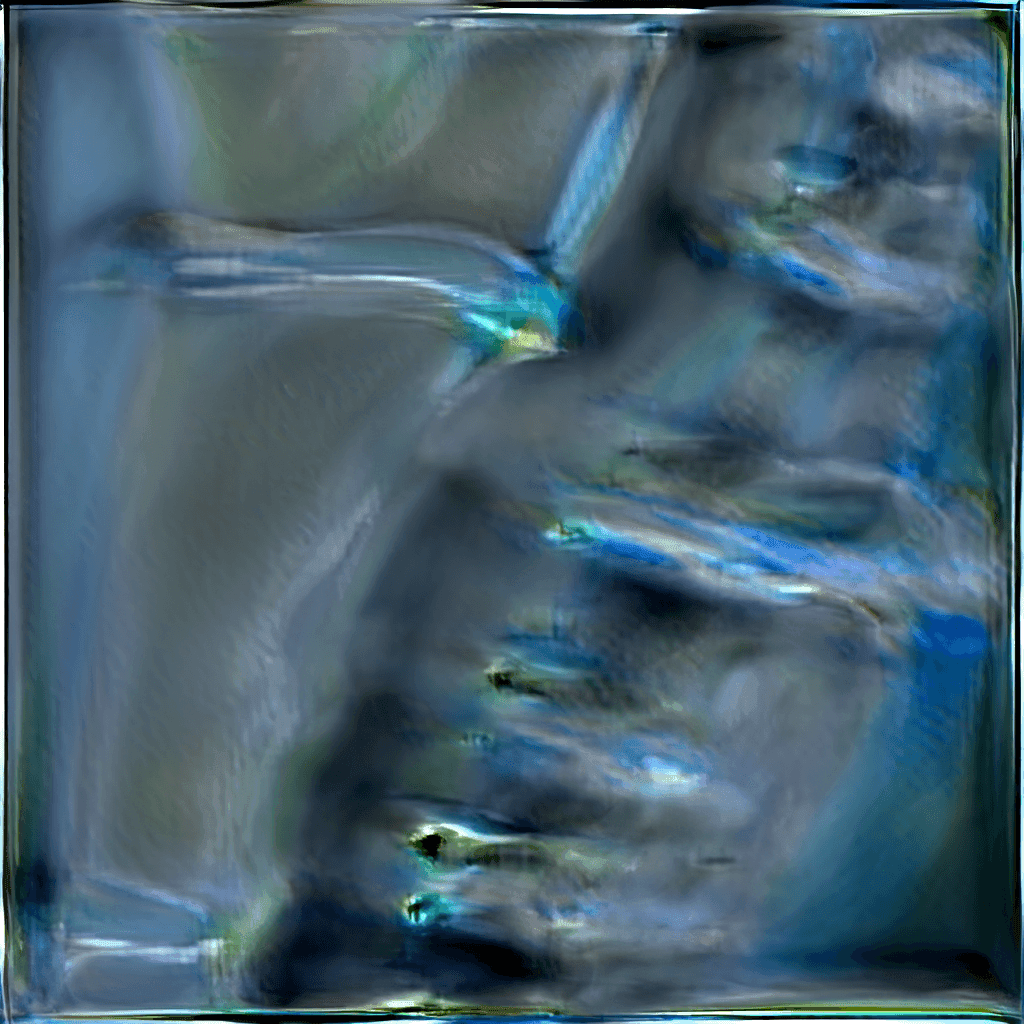 A cooler, more structured still: a pale ridge crossing a field of blue-grey ripples, with small teal accents scattered through the lower half.