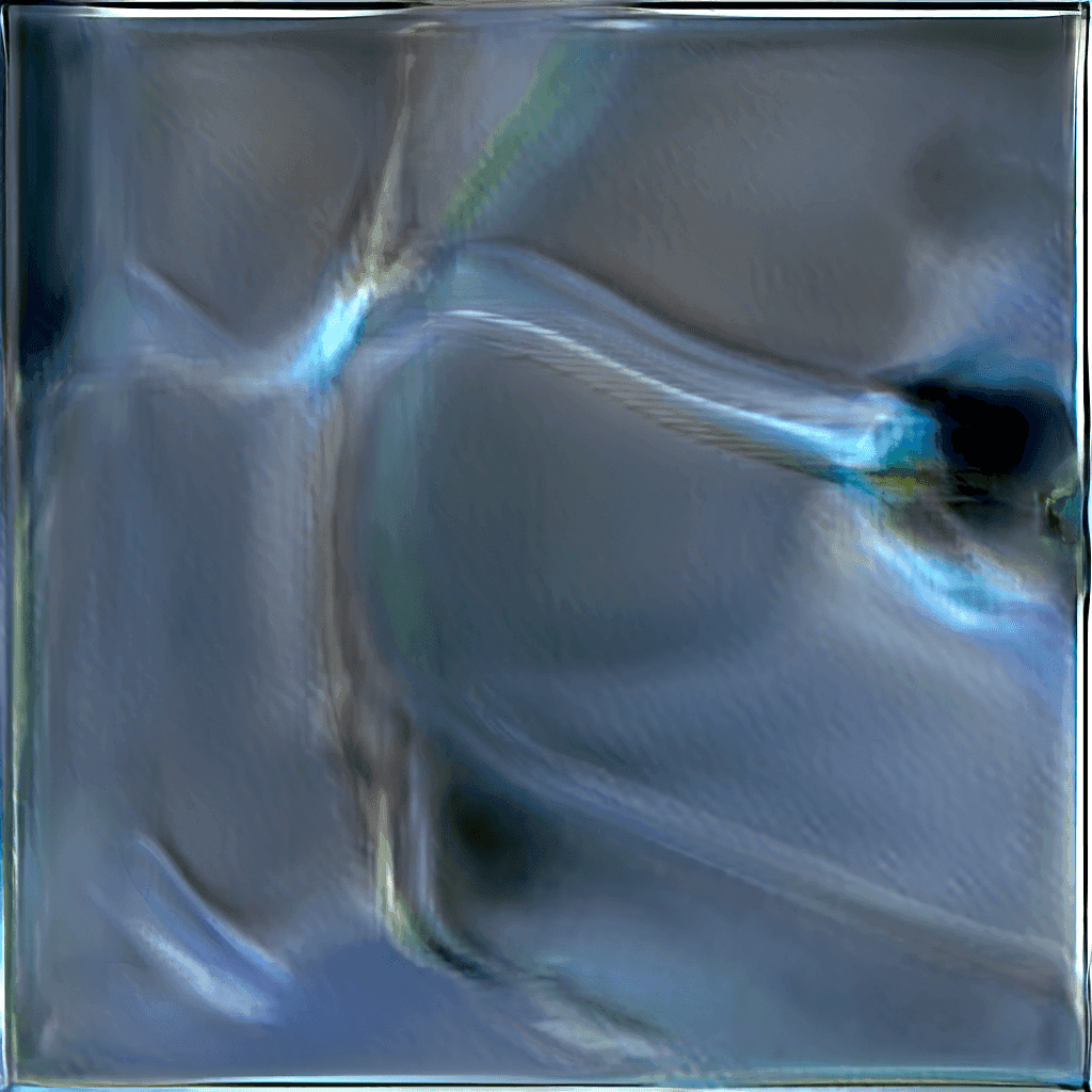 A pale silver-teal generative still, its surface folded like light refracting through moving water, with a thin rainbow-fringed seam running through the centre.