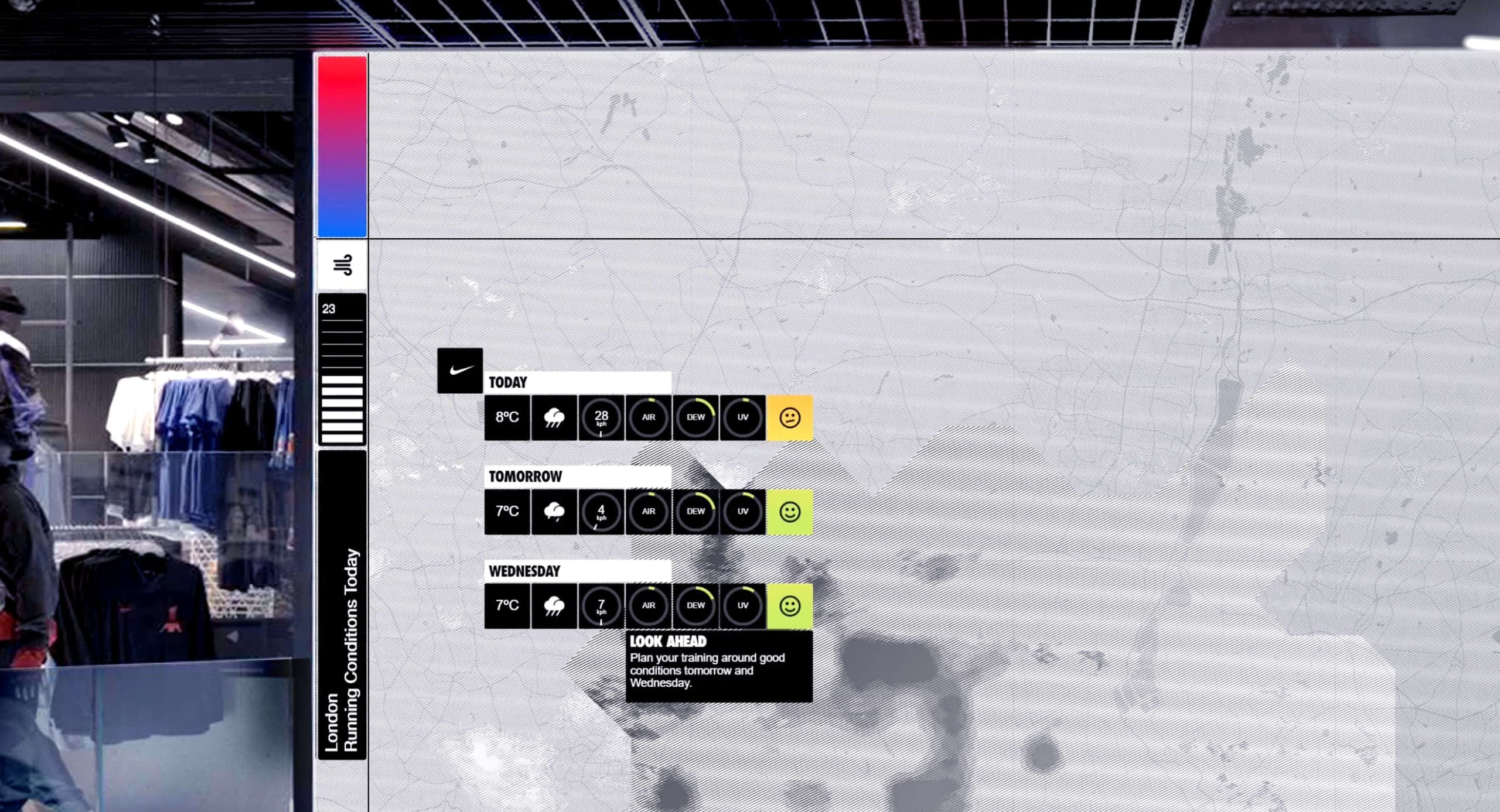 A generative store-locator map render for a London Nike location.