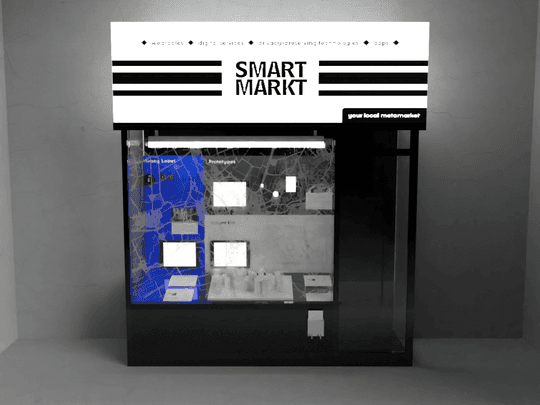 An early 3D render of the "Smart Markt" kiosk, greyscale, before the final steel-and-plastic build.