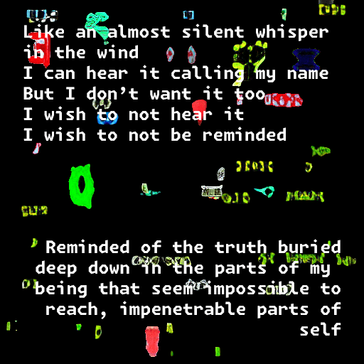 A collage frame from the first poem segment: dozens of small segmented GAN fragments scattered across black, with white poem text overlaid in two stanzas.
