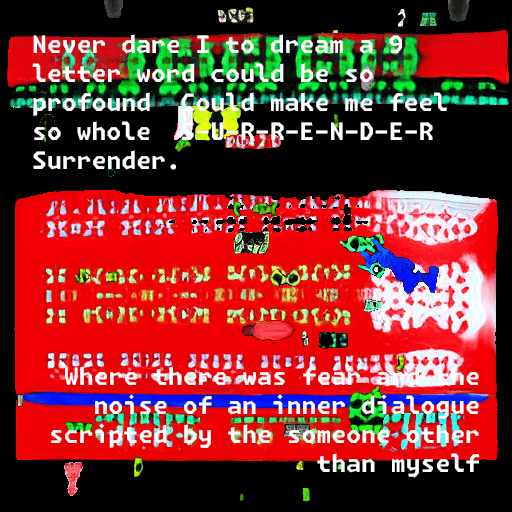 A collage frame from the second poem segment, dominated by a large red teletext-quantized panel with white poem text scrolling across it.